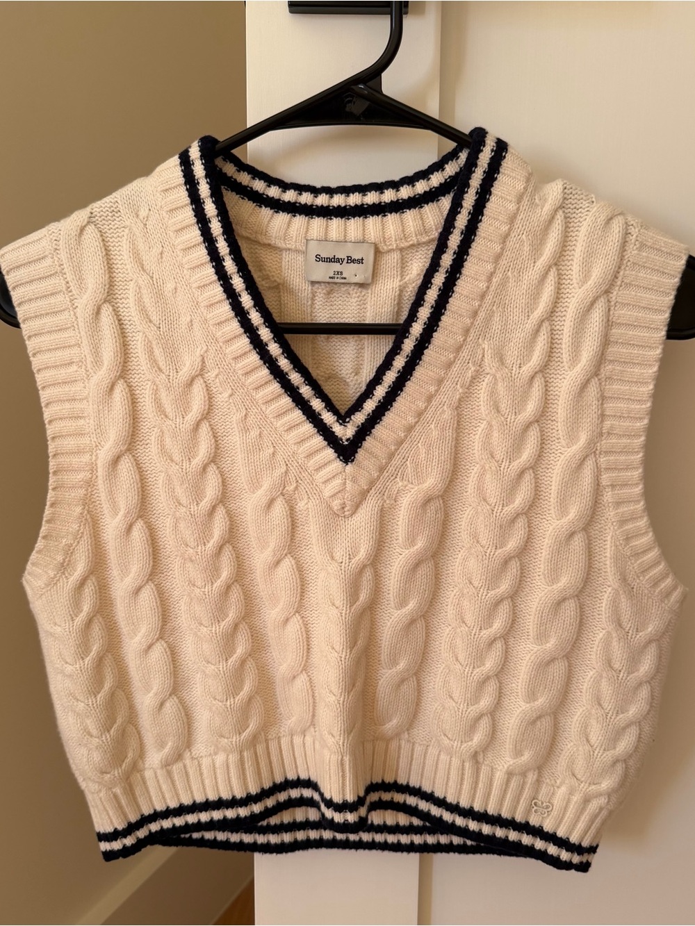Aritzia Sunday Best Cream Cable Knit V-Neck Sweater Vest with Navy Trim